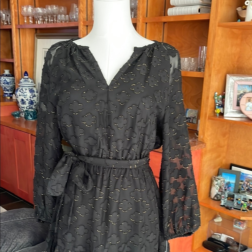 NWT Nanette Lepore Black Gold Sheer Sleeve Tiered Dress Party Dress 6 - Picture 3 of 11
